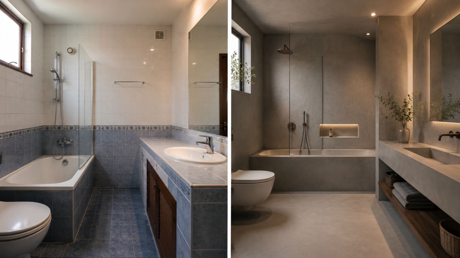 Before and after: a tiled bathroom refurbished with a seamless microcement system