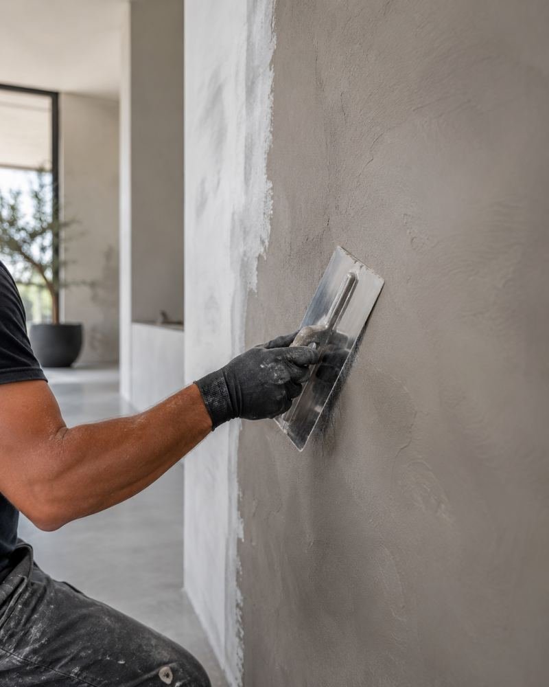 Certified applicator hand-troweling a microcement finish onto a wall