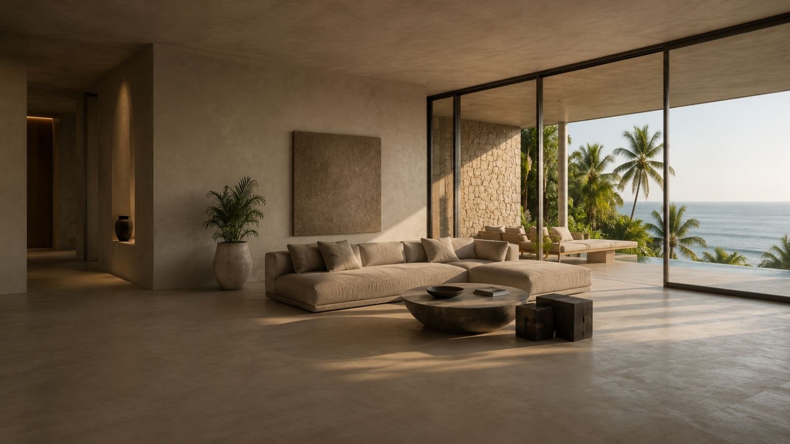 Seamless microcement living space opening onto a tropical ocean view