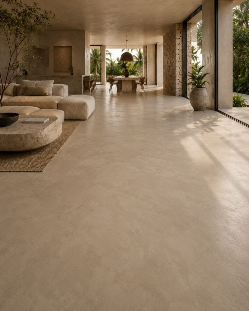 Continuous seamless microcement floor unifying a residential living space